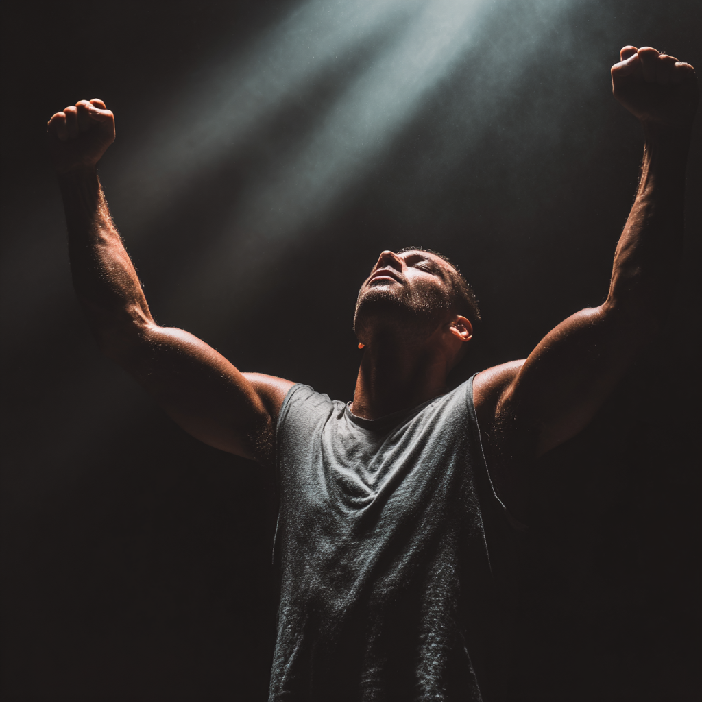 Athletic man celebrating victory with raised arms on mountain peak at sunset, achievement and success concept, motivational lifestyle photography