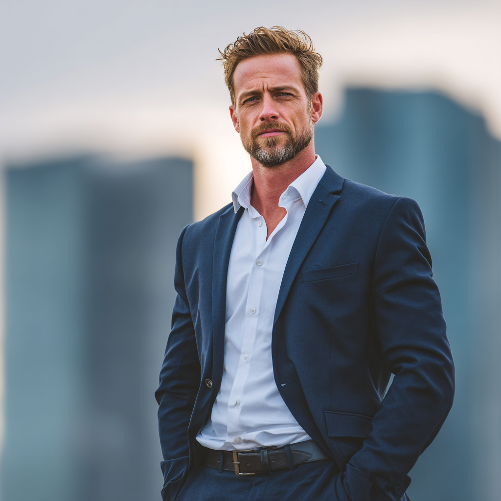 Confident businessman in suit standing against urban skyline background, success and achievement concept, professional portrait photography