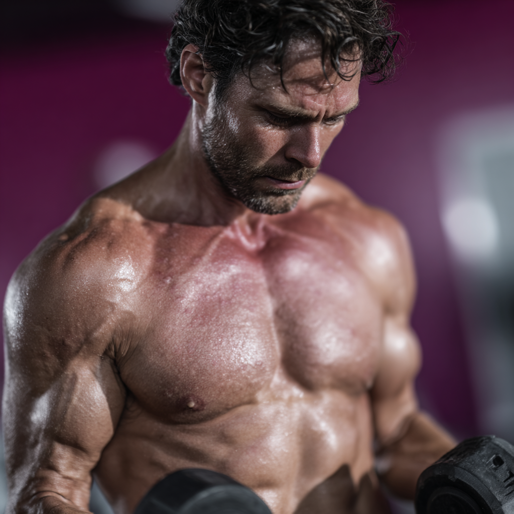 Strong muscular man working out with weights in modern gym, focused expression, professional fitness photography